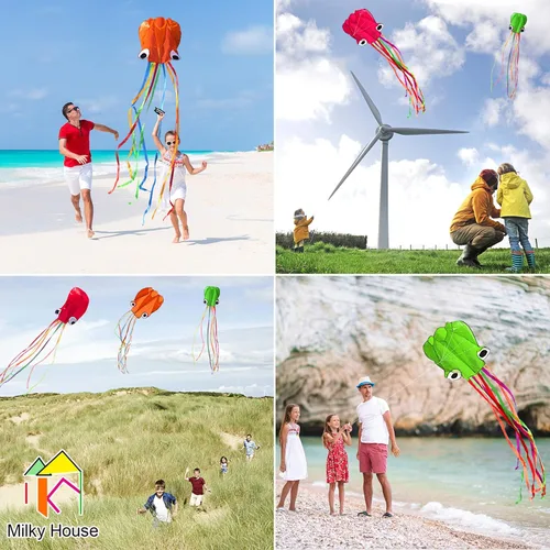 Miniatura 2 de Paquete de 3 cometas de pulpo – Cometas de playa 3D para personas y niños (azul, verde, rojo) – Fácil de volar, kit de cometa con cuerda de 39.9