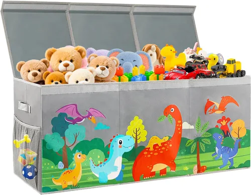 Caja de juguetes extragrande con tapas, organizador plegable de almacenamiento de juguetes para niños, caja de juguetes de dinosaurio para niños Gris