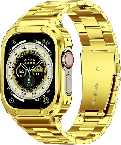 Miniatura 25 de MioHHR Correa y funda de acero inoxidable compatible con Apple Watch Band de 1.614 in, 1.575 in y 1.496 in, cubierta protectora de metal para Negro