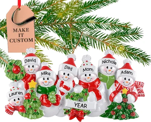 Adorno personalizado de familia de 7 2025 | Personalización gratuita las 24 horas | Adornos de Navidad de muñeco de nieve grabados con láser para