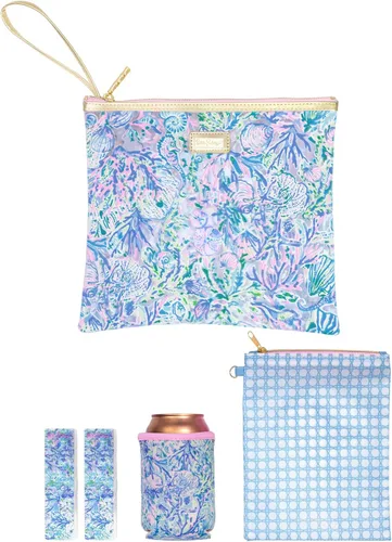 Miniatura 17 de Lilly Pulitzer Funda de vinilo resistente al agua para la playa, bolsa con cremallera incluye protector de bebidas, funda pequeña y clips para toalla