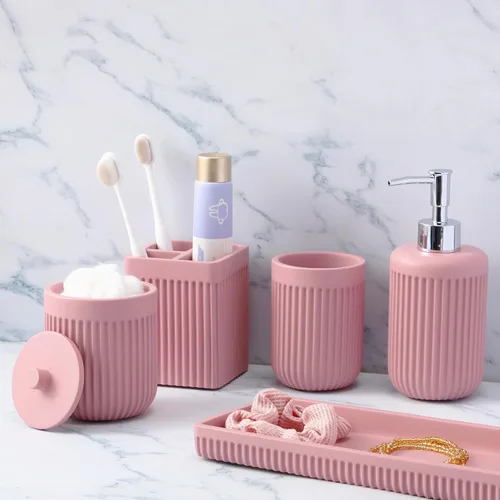 Miniatura 16 de XLHOMO Juego de accesorios de baño de resina beige de 5 piezas, dispensador de jabón y loción, soporte para cepillo de dientes, vaso de baño, porta