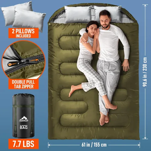 Miniatura 6 de MEREZA Saco de dormir doble para adultos y hombres con almohada, tamaño XL, Queen, saco de dormir para dos personas para todas las estaciones