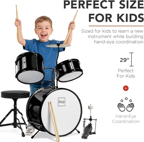 Miniatura 6 de Best Choice Products Juego de batería para principiantes de 3 piezas para niños y jóvenes, con taburete de trono, platillo, baquetas, pedal de Negro