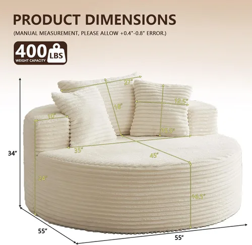 Miniatura 2 de Silla redonda de gran tamaño de 55 pulgadas, tumbona para interiores, silla circular grande sin hueso con pana de felpa, no requiere montaje, sofá