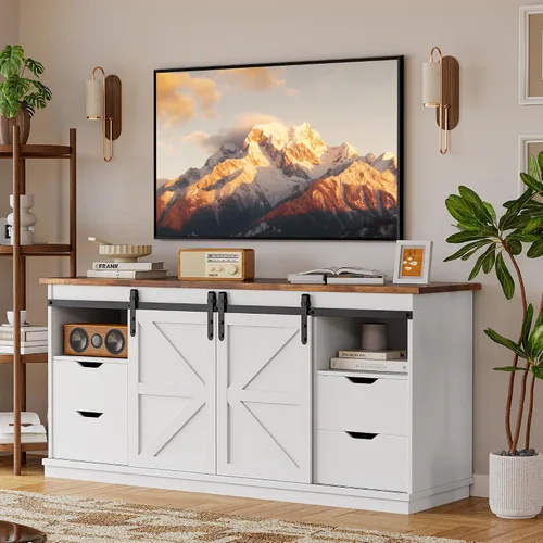 YESHOMY Soporte de TV para televisores de hasta 65 pulgadas, con puertas correderas de granero y 4 cajones de almacenamiento, mesa consola y muebles