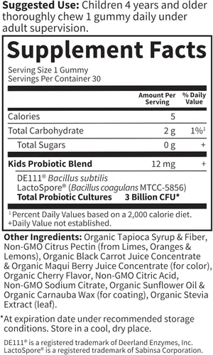Miniatura 6 de Garden of Life Gomitas probióticas para niños, 3 mil millones de UFC, sabor a cereza, probióticos una vez al día sin azúcar para niños, probióticos