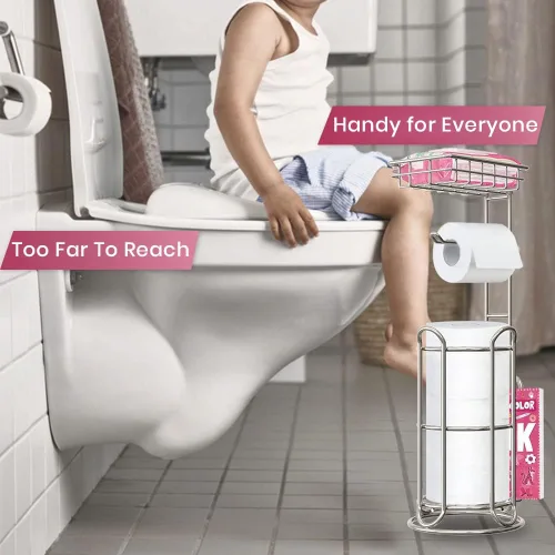 Miniatura 2 de Mega Roll - Soporte de papel higiénico de acero inoxidable para baño, dispensador TP con estante para teléfono/toallitas y revistero de pie, cromado