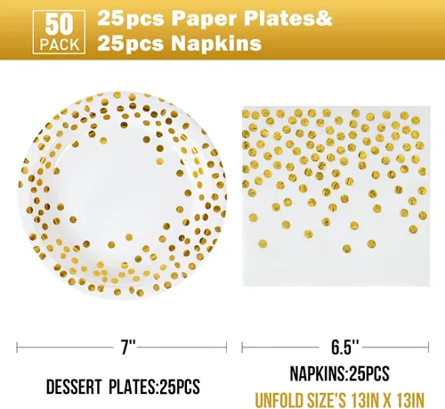 Miniatura 2 de Platos y Servilletas de Papel Blanco y Dorado - Paquete de 50 - 25 Platos de Papel de 7 pulgadas y 25 Servilletas de 6.5 pulgadas, Suministros