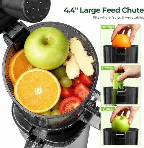 Miniatura 2 de Máquina exprimidora lenta de prensa en frío, exprimidor compacto de masticación lenta para verduras y frutas, canal de alimentación de 4.4 pulgadas