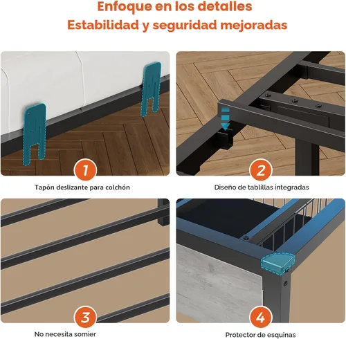 Miniatura 9 de DICTAC Marco de cama esquinero tamaño individual con almacenamiento y luces LED, plataforma de metal con 2 cajones y estación de carga, cama