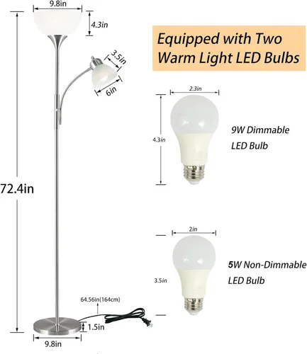 Miniatura 5 de RISLG Lámpara de pie, lámpara de pie regulable, brillo de atenuación continua, incluye bombillas LED de 9 W y 5 W, lámpara de pie industrial
