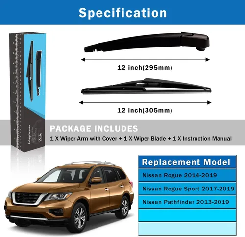 Miniatura 6 de WTI Juego de Brazo de Limpiaparabrisas Trasero Compatible con Nissan Rogue 2014-2019 / Rogue Sport 2017-2019 / Pathfinder 2013-2019 Kits