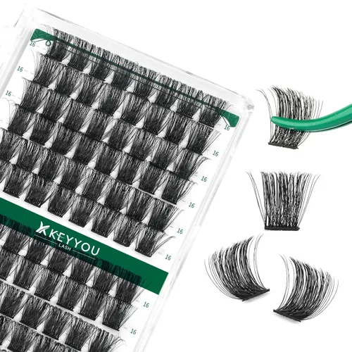 Miniatura 108 de KEYYOU Racimos de pestañas, 96 piezas de extensiones de pestañas DIY, rizado D de 16 mm, negro, realista, no irritante, fácil de colocar en casa