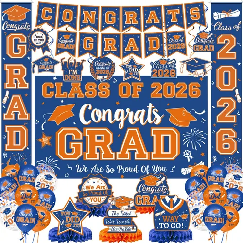 Miniatura 10 de Decoraciones de graduación 2026, juego de decoraciones de graduación rojo y negro con pancarta y telón de fondo de felicitaciones, letrero