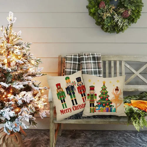Miniatura 7 de Juego de 4 fundas de almohada decorativas con diseño de cascanueces navideñas, 20 x 20 pulgadas, árbol de Navidad, soldado de madera de dibujos