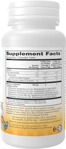 Miniatura 2 de NOW Foods Suplementos, BerryDophilus con 2 mil millones, 10 cepas probióticas, endulzado con xilitol, cepa verificada, 60 masticables, el embalaje