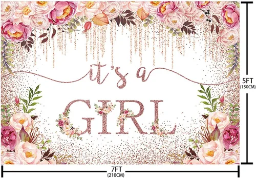 Miniatura 5 de Sendy Telón de fondo de baby shower de oro rosa de 7 x 5 pies para niñas, con texto en inglés "It's a Girl", fondo de fotografía para baby shower