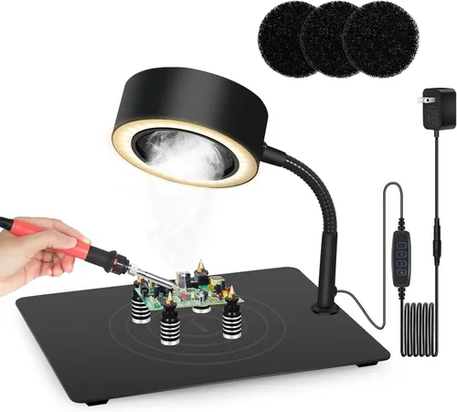 Toolour Extractor de humo de soldadura 3 en 1 con lámpara LED brillante, 4 soportes de PCB, base resistente y 3 filtros de carbono para soldadura y