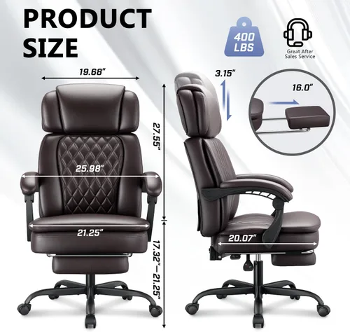 Miniatura 3 de Silla de oficina ejecutiva de 400 libras con reposapiés para personas pesadas, silla de escritorio ergonómica grande y alta con reposacabezas Marrón