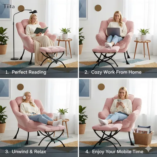 Miniatura 7 de Tiita - Sillón reclinable con otomana, grande, moderno, sofá de ocio, de lectura, con reposapiés, para dormitorio, sala de estar, dormitorios, Rosa