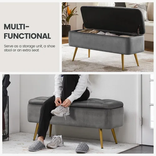 Miniatura 5 de Topeakmart Moderno reposapiés otomano con banco de almacenamiento, bancos tapizados para dormitorio, reposapiés, banco de mesa con botones para sala