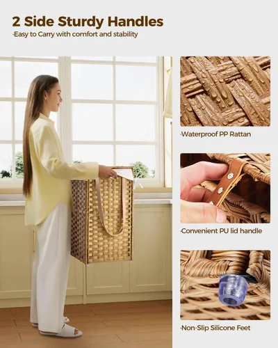 Miniatura 23 de GREENSTELL Cesta para ropa sucia con ruedas y tapa, 130 L, cesta grande de 3 secciones con 2 tipos de bolsas de forro extraíbles, 5 bolsas de malla