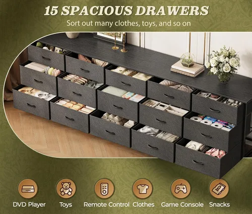 Miniatura 8 de Huuger Cómoda de 78.7 pulgadas de largo para dormitorio, cómoda de tela con 15 cajones para armario, soporte de TV grande para TV de 65, 75, 85