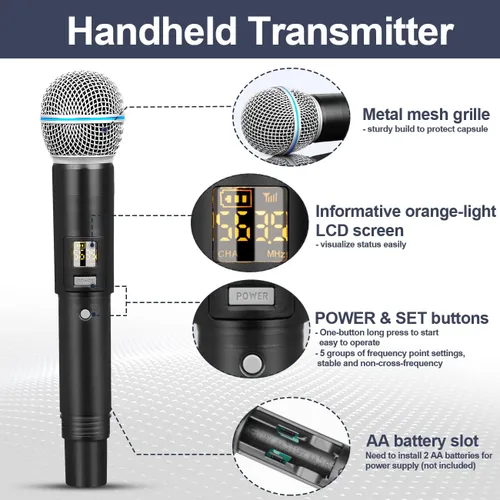 Miniatura 4 de Depusheng R4 - Micrófonos inalámbricos para karaoke profesional, 4 canales, sistema de micrófono inalámbrico de mano, micrófono dinámico de metal