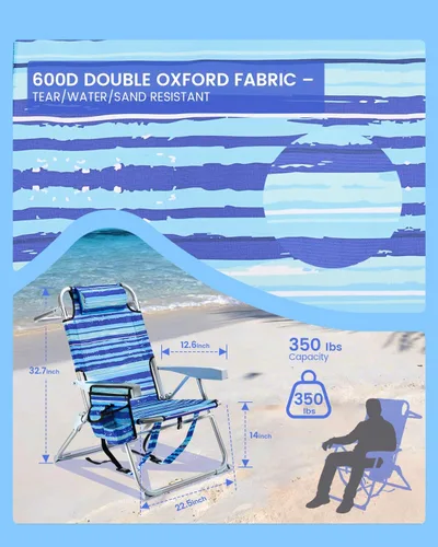 Miniatura 6 de GVDV Sillas de playa tipo mochila para adultos, silla plegable plana portátil con portavasos y toalleros, silla reclinable ajustable de 4 posiciones