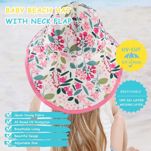 Miniatura 12 de Sombrero de verano para niños pequeños con solapa para el cuello, impermeable, sombrero de natación para niños, protección UV, sombrero de playa