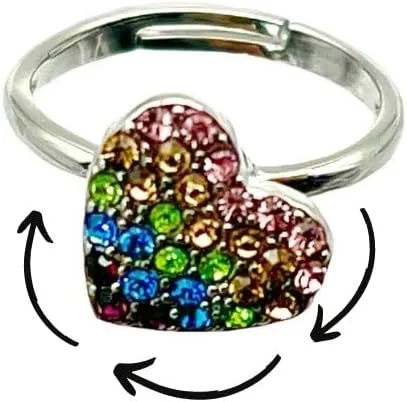 Miniatura 2 de Mavi Bandz Anillo ajustable de plata con diamantes de imitación arcoíris corazón Fidget anti estrés ansiedad anillo, Acero inoxidable, plata