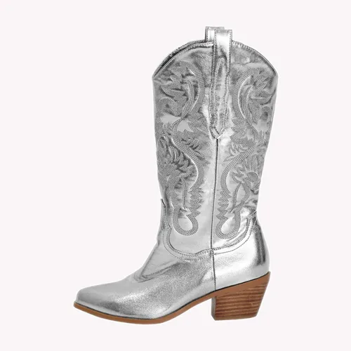 Miniatura 2 de MissHeel Botas vaqueras de media pantorrilla con tacón grueso bordado en plata rosa