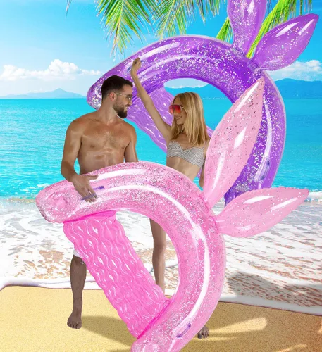Miniatura 5 de POZA Silla flotante inflable de conejo, flotadores inflables de confeti brillante, 2 portavasos y asas integrados, silla flotante inflable
