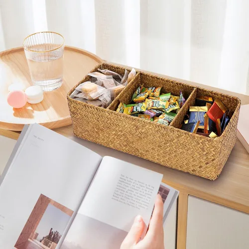 Miniatura 9 de ELLDOO Cesta de almacenamiento de mimbre de mimbre de hierba marina, organizador de cápsulas de café de gran capacidad para cápsulas K Cup Marrón