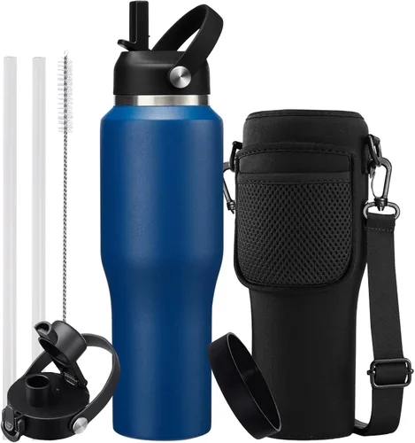 Miniatura 25 de Botella de agua de acero inoxidable de 32 onzas, frío-48 horas y caliente-24 horas, termo con popote y tapas de boquilla, bolsa, botella aislada al