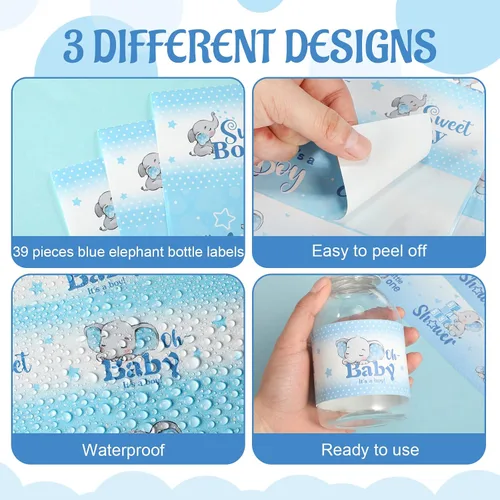 Miniatura 5 de Gersoniel 39 etiquetas para botellas de agua de elefante para baby shower, etiquetas adhesivas impermeables para revelación de género, suministros