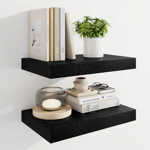 Marsmiles Estantes Flotantes de 16" para Pared, Estantes de Madera con Soportes Invisibles Juego de 2, Estante Rústico Estilo Granja Montado en Negro
