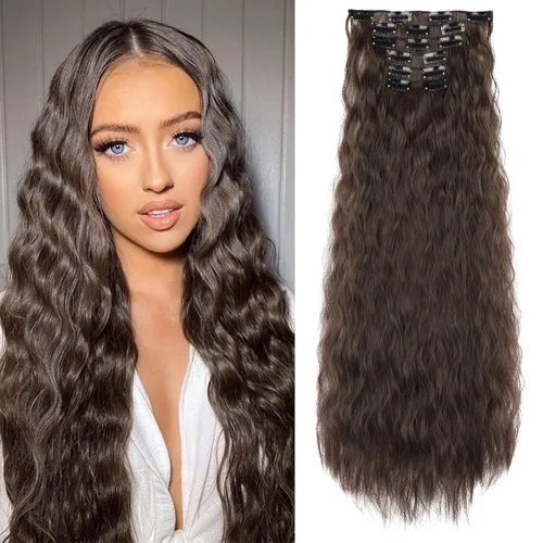 Miniatura 8 de Flufymooz - Extensiones de cabello con clip, 6 unidades, extensiones de cabello largas con ondas de sirena, sintético, postizo para mujer, 24 Marrón