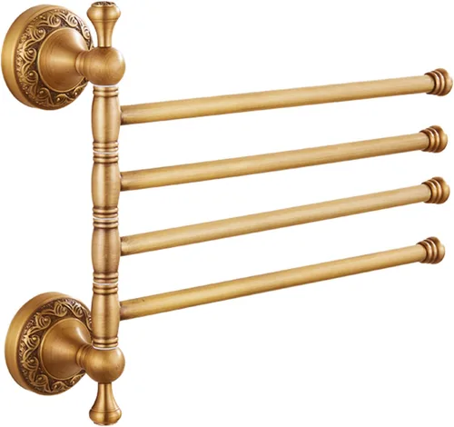 Soporte de Toalla Plegable Montado en Pared para Baño, 4 Barras de Toalla con Patrón de Latón Antiguo Tallado, Bronce Cepillado