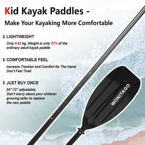Miniatura 4 de Paletas de kayak para niños con eje de aluminio y hoja de polipropileno, remos flotantes de kayak para jóvenes y jóvenes, ajustables 64.2-72.0 Negro