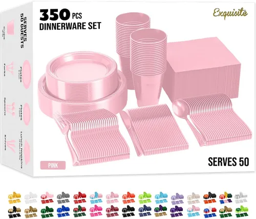 350 piezas de platos de plástico rosa para fiestas, juego de platos desechables rosados, 50 de cada plato de cena de 9 pulgadas, plato de postre de