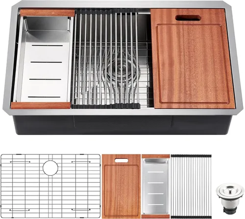 Miniatura 2 de Fregadero de cocina de 30 pulgadas de estación de trabajo bajo encimera - CELAENO Fregadero de cocina hecho a mano de acero inoxidable de calibre 18