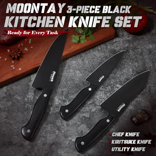 Miniatura 5 de Huusk Juego de Cuchillos de Chef Japoneses para Cocina - Juego de 3 Cuchillos de Cocina Negros con Revestimiento de Titanio, Juegos de Cuchillos