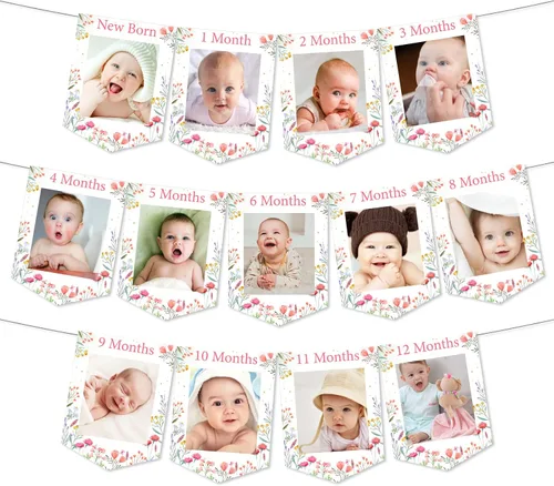 Miniatura 2 de Cartel de fotos de primer cumpleaños con tema de flores silvestres de recién nacido a 12 meses para niñas, registro de crecimiento mensual de hitos