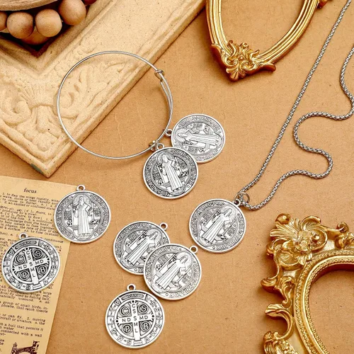 Miniatura 4 de Tudomro Medallas de San Benito 1.38 x 1.22 pulgadas, dije de metal de San Benito, tono plateado, protección contra el mal, regalo de Navidad