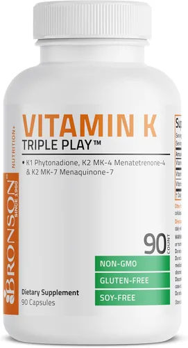 Miniatura 5 de Suplemento de Vitamina K Triple Play de Bronson (vitamina K2 MK7 / vitamina K2 MK4 / vitamina K1) 0,00002 oz, 1
