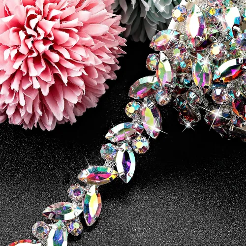 BBTO Adorno de cadena de diamantes de imitación, adorno de cristal para boda, disfraz de novia, cadena de hojas de flores, costura, adornos