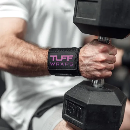 Miniatura 5 de Muñequeras TuffWraps de 16": sin presillas para el pulgar, muñequeras de gimnasio de calidad para levantamiento de pesas, press de banca, Negro/Rosa