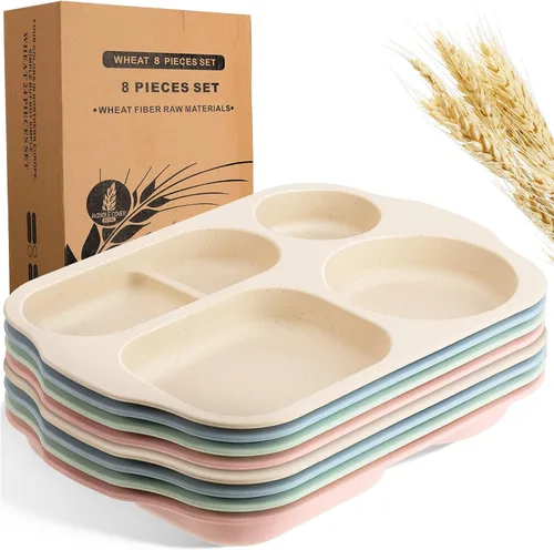 Miniatura 12 de Vesici 8 piezas de platos grandes de 12 pulgadas irrompibles divididos para niños y adultos - Bandeja de paja de trigo - Aptos para microondas